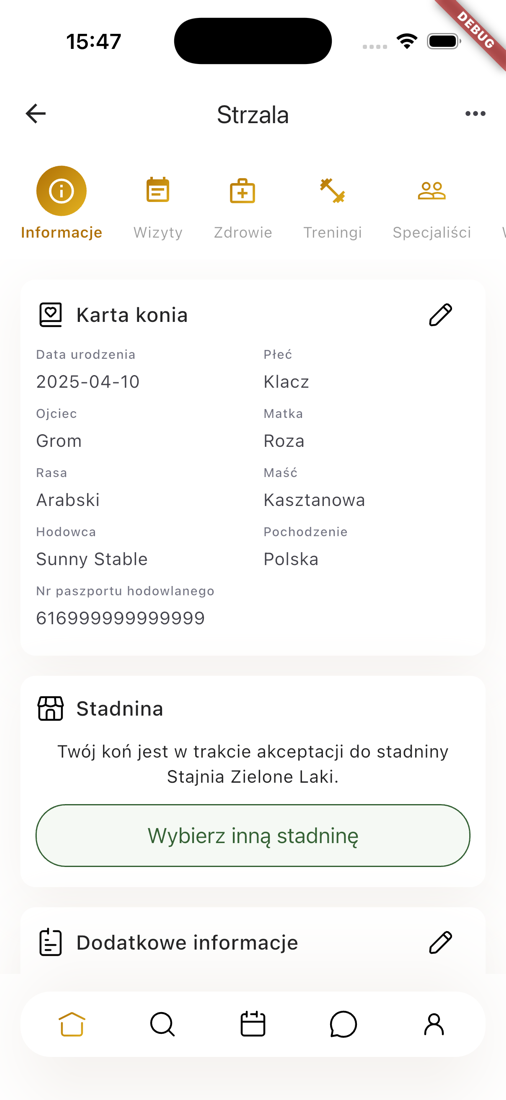 Ekran aplikacji Horsey z kartą konia